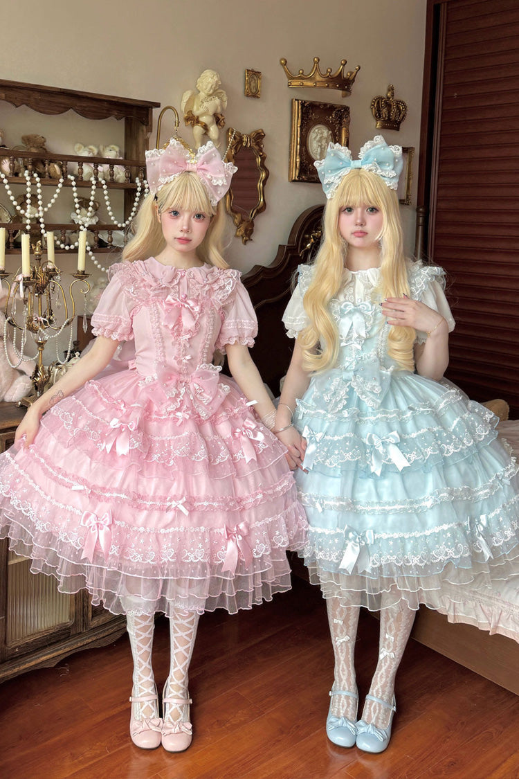 Blue [Lotus Butterfly Heart] Multi-Layered Ruffle Hanayome Bowknot Lace Sweet Lolita Jsk Dress - Product - 10