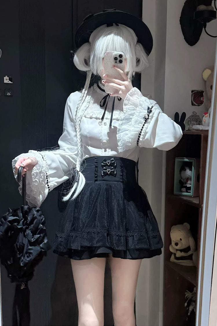Black/White [Moonlit Butterfly] Lapel Collar Long Trumpet Sleeves Ruffled Bow Lace Jirai Kei Japanese Skirt Set - Product - 5