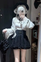 Black/White [Moonlit Butterfly] Lapel Collar Long Trumpet Sleeves Ruffled Bow Lace Jirai Kei Japanese Skirt Set - Product - 5
