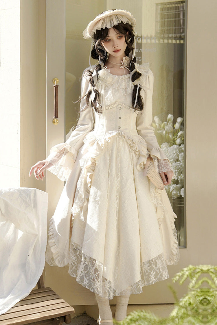 Ivory [White Tea] Long Sleeves Ruffle Bowknot Lace Irregular Classic Princess Lolita Dress - Ivory - 1
