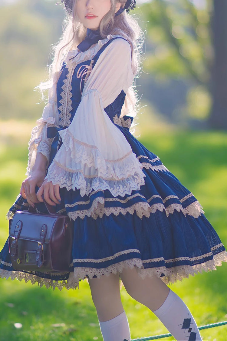 Dark Blue Three-section Cake Sleeveless Ribbon Sweet Lolita Tiered Dress - Blue - 1