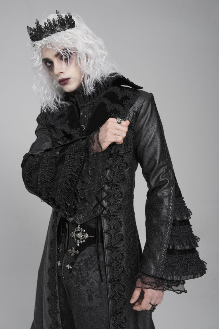 Black Long Trumpet Sleeves Floral Crochet Embroidery Lace-Up Men's Gothic Coat - Product - 11