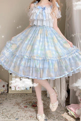 Blue Lemon Story Short Sleeves Print Ruffle Bowknot Sweet Lolita Jsk Dress - Blue - 1