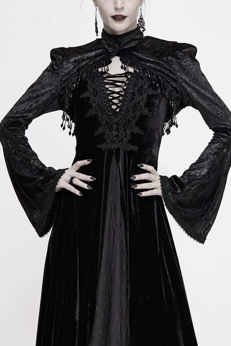 Black Lace Velvet Bubble Trumpet Sleeve Women's Gothic Small Shawl - Black - 1