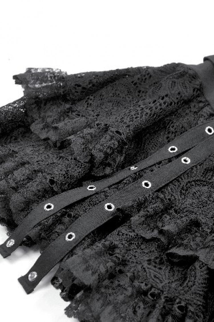 Black Wide-Waistband Eyelet Strap Double-Layered Lace Women's Punk Skirt - Product - 13