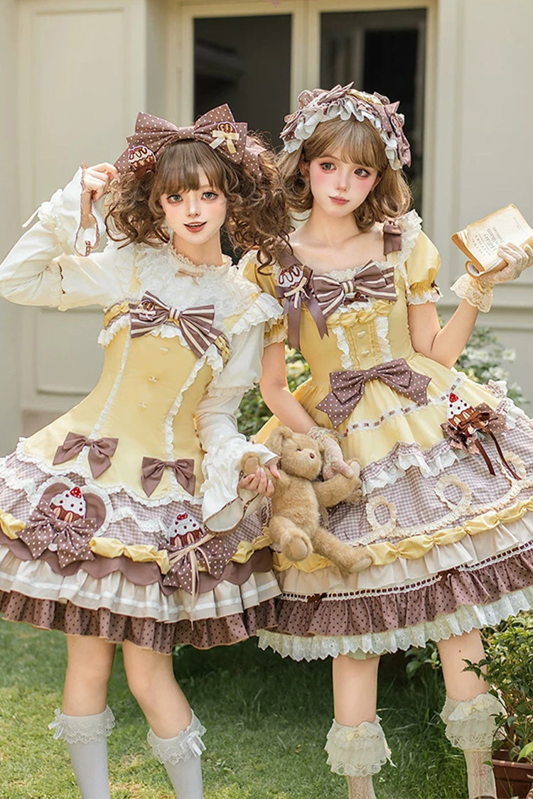 Yellow/Brown [Polka Dot Cake] Multi-Layered Printed Ruffled Bow Sweet Lolita JSK Dress - Product - 3