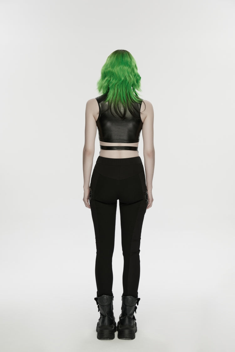 Black Slim Women's Armor-Accentuated Paneled Punk Leggings - Product - 2