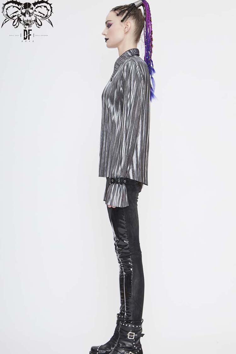 Silver Metal Buckles CuffPleated Pointed Collar Leather Loops Punk Shirt - Product - 5