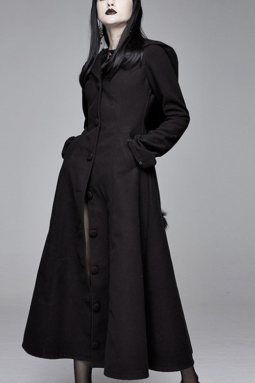Black Gothic Double Faced Woolen Hooded Long Sexy Women Coat - Product - 2
