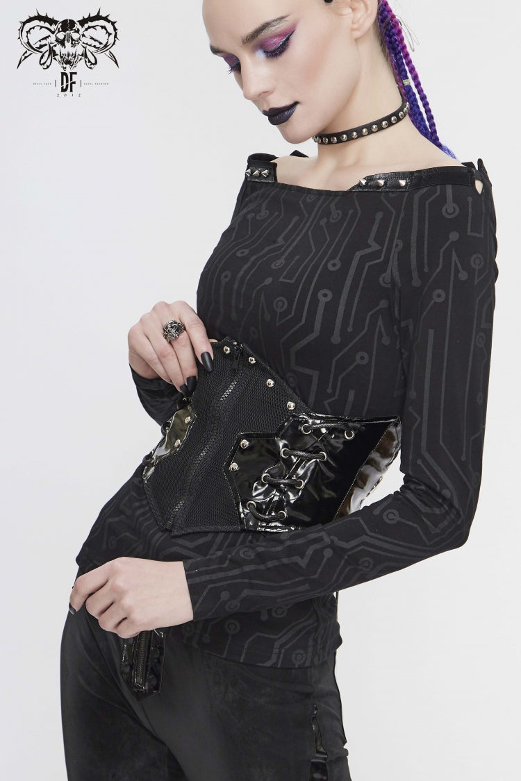 Black Patchwork Lace-Up Slim Fit Studded Zippered Women's Gothic Cool Accessory Corset Belt - Product - 2
