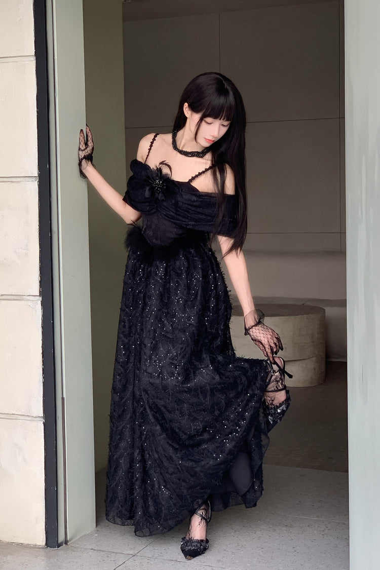 Black [Swan] Off Shoulder Jacquard Embroidered Bow Gothic Lolita Jsk Dress - Product - 4