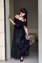Black [Swan] Off Shoulder Jacquard Embroidered Bow Gothic Lolita Jsk Dress - Product - 4