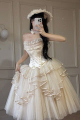 Ivory [The Summer Waves Sparkle] Square Collar Sleeveless Multi-Layered Ruffled Bow Lace-Up Slim Sweet Lolita Skirt Set - Ivory - 1