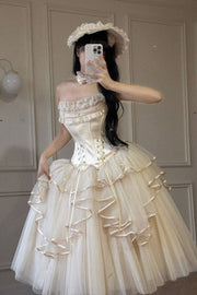 Ivory [The Summer Waves Sparkle] Square Collar Sleeveless Multi-Layered Ruffled Bow Lace-Up Slim Sweet Lolita Skirt Set - Ivory - 1
