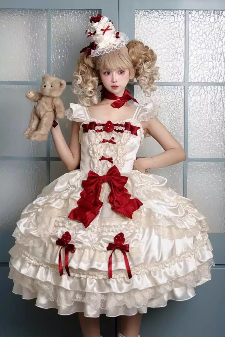 Apricot [Berry Endless] Square Collar Sleeveless Multi-Layered Ruffled Embroidered Bow Lace Sweet Lolita Jsk Dress - Apricot - 1