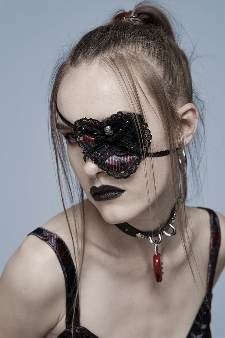 Black/Red Metal Skull Decoration Lace Heart Women's Gothic Eye Mask - Black/Red - 1