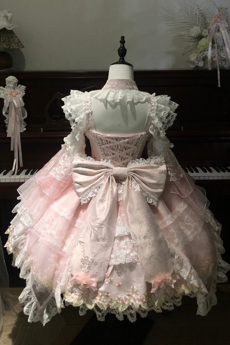 Pink [Spring Entwined with Cherry Clouds] Short Sleeves Embroidered Bow Lace Sweet Chinese Style Lolita Dress - Product - 4