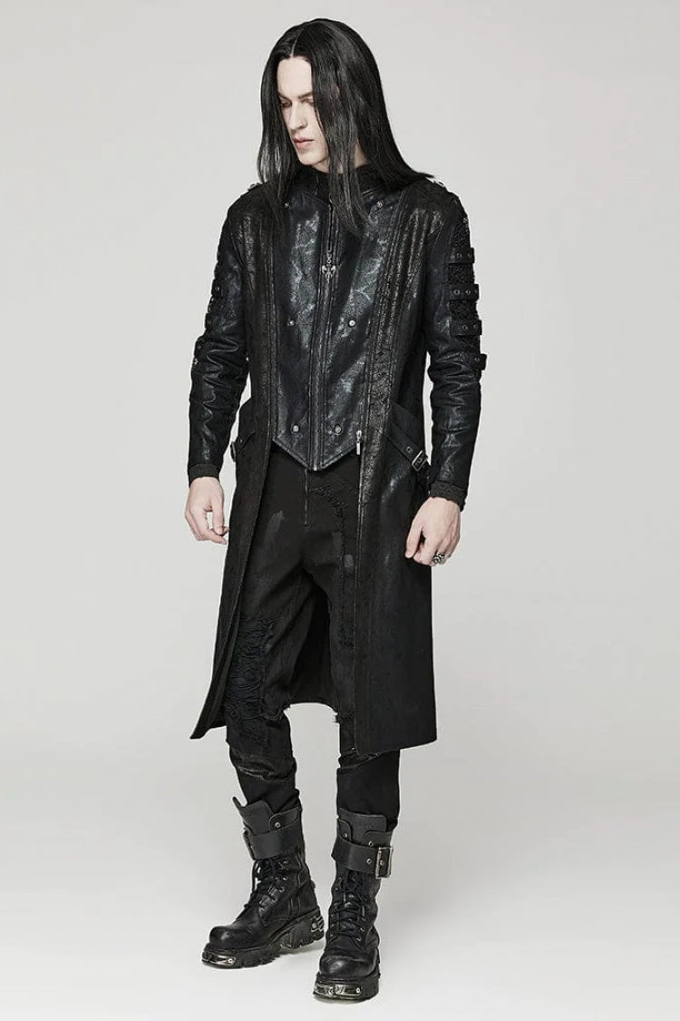 Black Crackled Mesh Hollow Stitching Hooded Mens Steampunk Coat - Product - 2