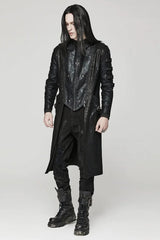 Black Crackled Mesh Hollow Stitching Hooded Mens Steampunk Coat - Product - 2