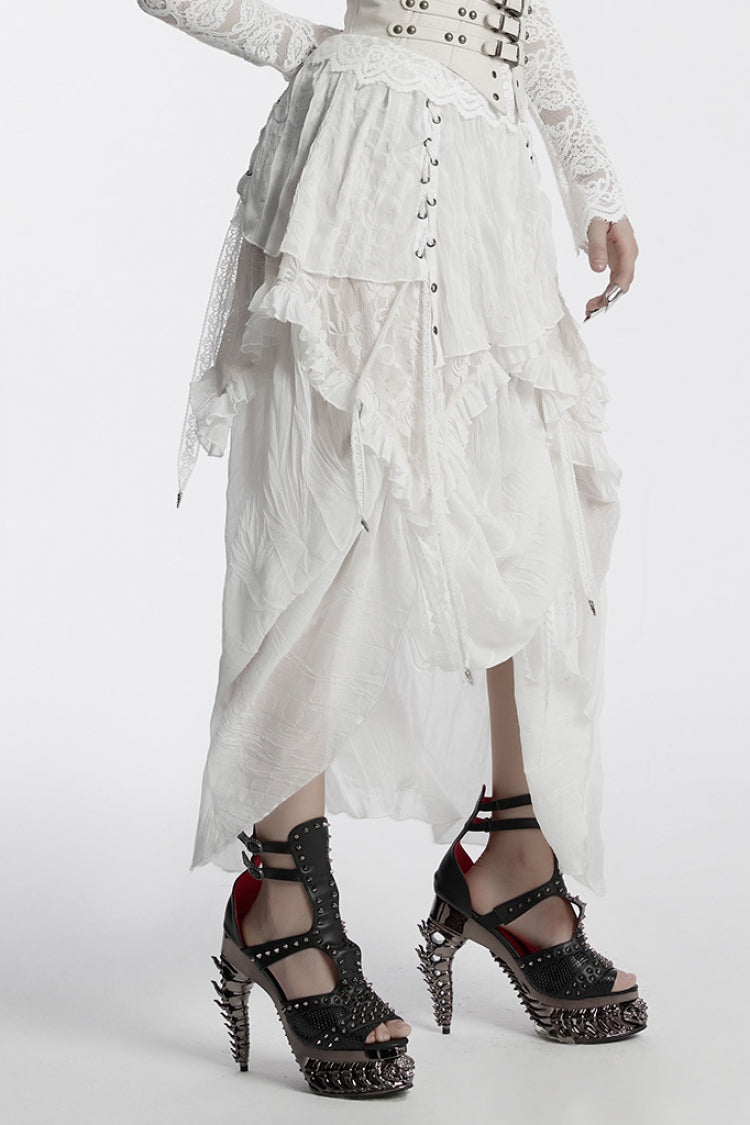 White Ruffle Stitching Lace Lace-Up High/low Women's Gothic Skirt - Product - 2