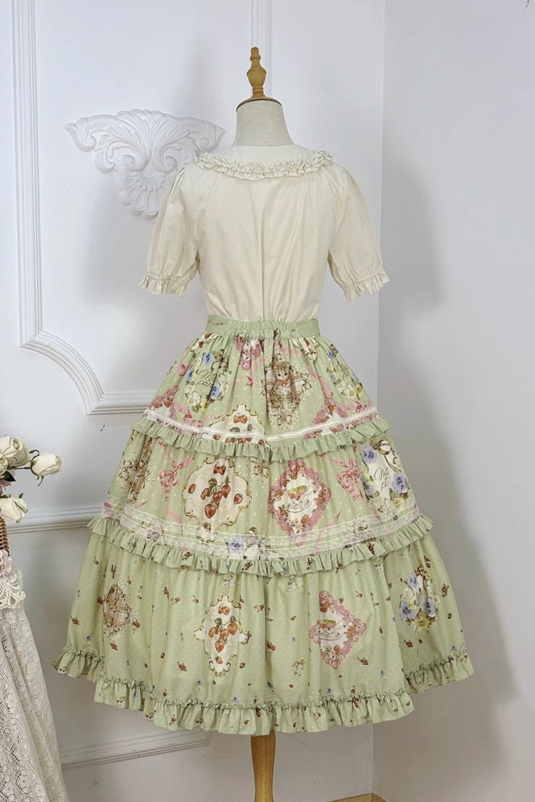 Green [Cat Rose Tea] Print Ruffle Daily Sweet Lolita Skirt - Product - 11