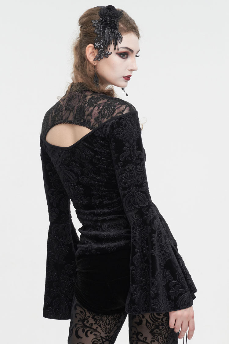 Black Lace Cutout Round Collar Flared Sleeved Floral Embossed Women's Gothic Shirt - Product - 4