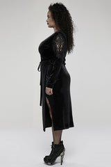 Black Velvet Sexy V-Neck Hollow Out Exquisite Applique Hem Slit Design Corded Long Women's Plus Size Gothic Dress - Product - 2