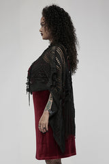 Black Openwork Lace Embroidery Pattern Decoration Hem Fringed Design Elasticated Neckline Women's Gothic Shawl - Product - 2