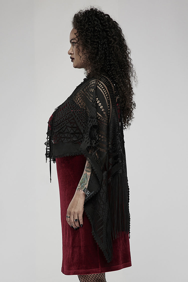 Black Openwork Lace Embroidery Pattern Decoration Hem Fringed Design Elasticated Neckline Women's Gothic Shawl - Product - 2