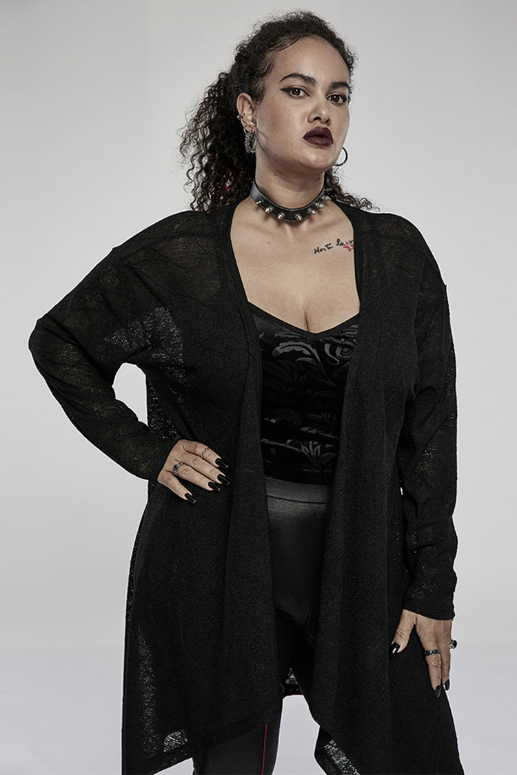 Black Soft Knitting Mottled Texture Asymmetric Hem Skull Decal On The Back Women's Plus Size Gothic Jacket - Product - 2