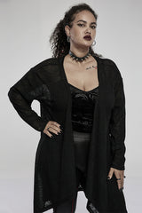 Black Soft Knitting Mottled Texture Asymmetric Hem Skull Decal On The Back Women's Plus Size Gothic Jacket - Product - 2