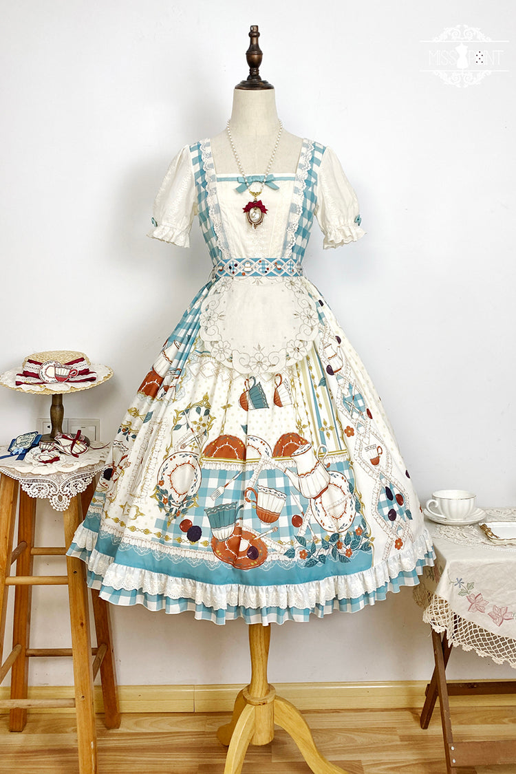 Blue/Green [Tea Party] Short Sleeves Print Ruffle Bowknot Lace Sweet Elegant Lolita Dress - Product - 4