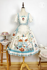 Blue/Green [Tea Party] Short Sleeves Print Ruffle Bowknot Lace Sweet Elegant Lolita Dress - Product - 4