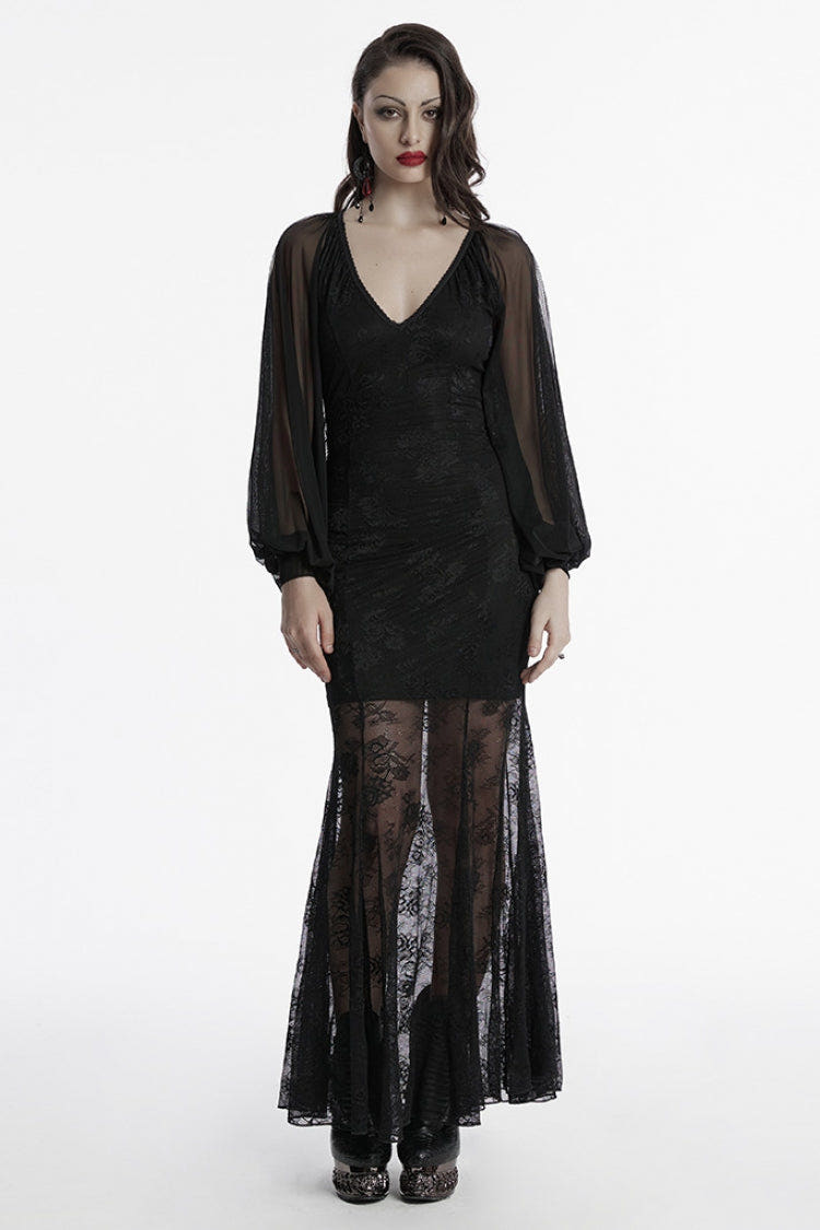 Black Long Plunging Batwing Sleeves Hollow Embroidery Women's Punk Dress - Black - 1