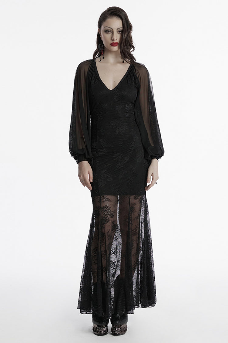 Black Long Plunging Batwing Sleeves Hollow Embroidery Women's Punk Dress - Black - 1