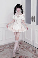 Jirai Kei Square Collar Off Shoulder Short Sleeves Printed Bow Sweet Maid Skirt Set 2 Colors - Product - 3