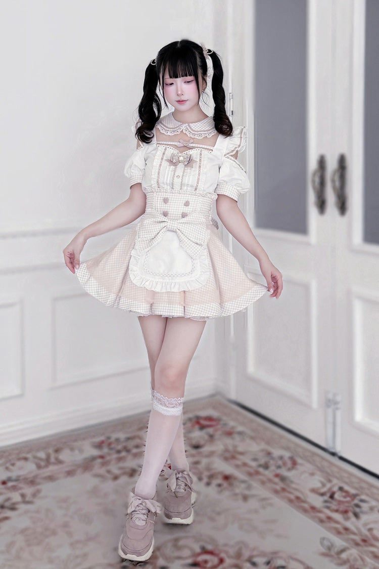 Jirai Kei Square Collar Off Shoulder Short Sleeves Printed Bow Sweet Maid Skirt Set 2 Colors - Product - 3