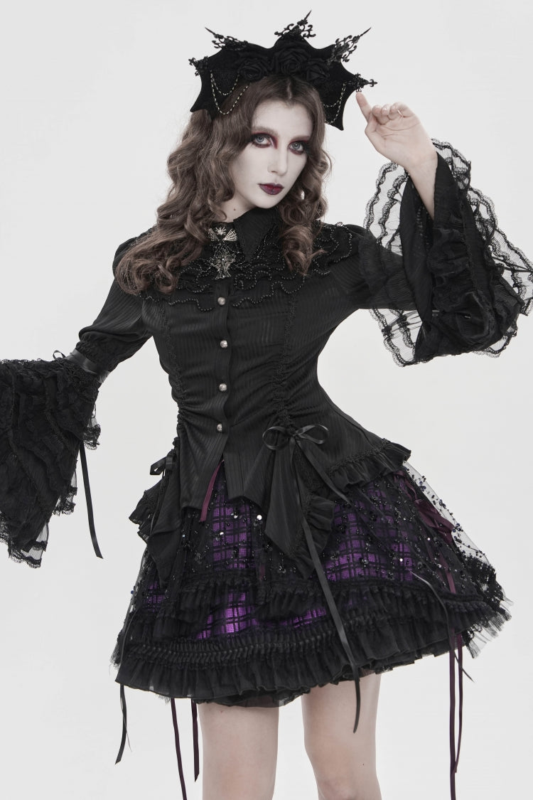 Black/Purple Multi-Layered Lace Lace-Up Women's Gothic Skirt - Product - 4
