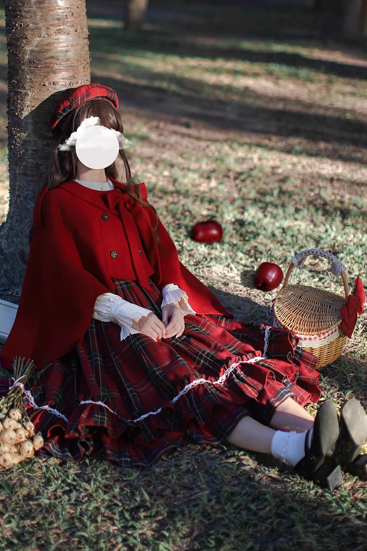 Red [Little Red Riding Hood] Double-Layered Plaid Print Ruffle Bowknot Sweet Vintage Lolita Jumper Dress - Product - 15