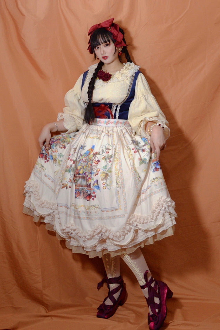 Ivory [Ode to Plenty] Berries and Birds Print Ruffle Bowknot Velvet Classic Lolita Breast Support Jsk Dress - Product - 9