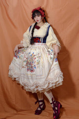 Ivory [Ode to Plenty] Berries and Birds Print Ruffle Bowknot Velvet Classic Lolita Breast Support Jsk Dress - Product - 9
