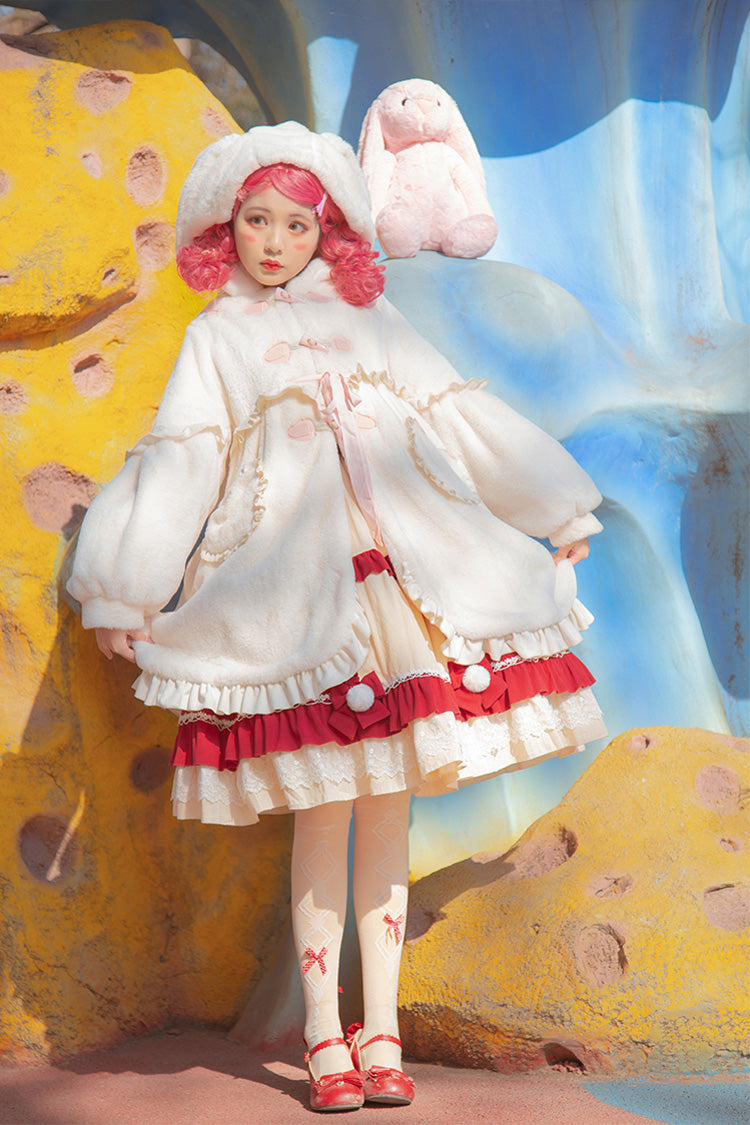 Ivory Long Ears Rabbit Ruffle Bowknot Hooded Daily Sweet Lolita Coat - Product - 7
