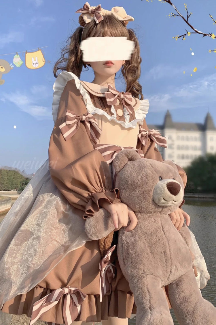 Bear Long Sleeves High Waisted Ruffle Bowknot Sweet Lolita Dress 3 Colors - Product - 4