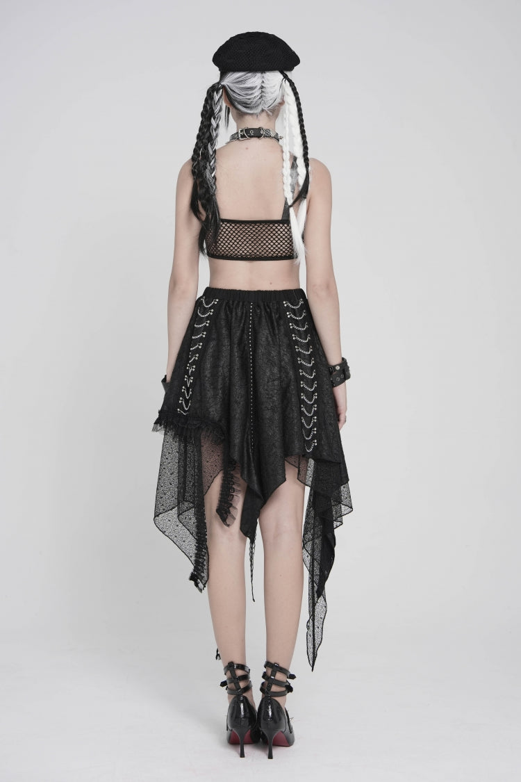 Black Lace Irregular Chain-Decorated Women's Punk Streamer Skirt - Product - 2