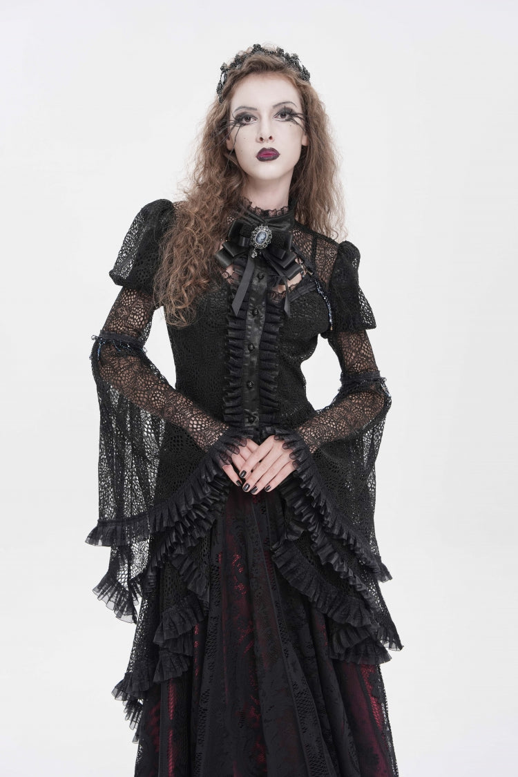 Black Stand Collar Long Trumpet Sleeves Cut-Out Women's Gothic Gorgeous Blouse - Product - 6
