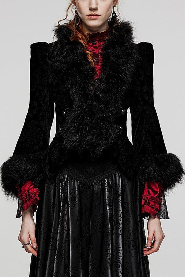 Women's V Collar Long Sleeves Faux Fur Stitching Gothic Coat 4 Colors - Black - 1