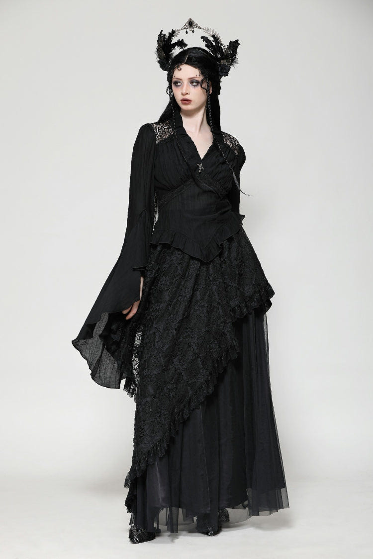 Black Ruffled V Collar Cross Ornament Long Trumpet Sleeves Pleated Women's Gothic Top - Black - 1