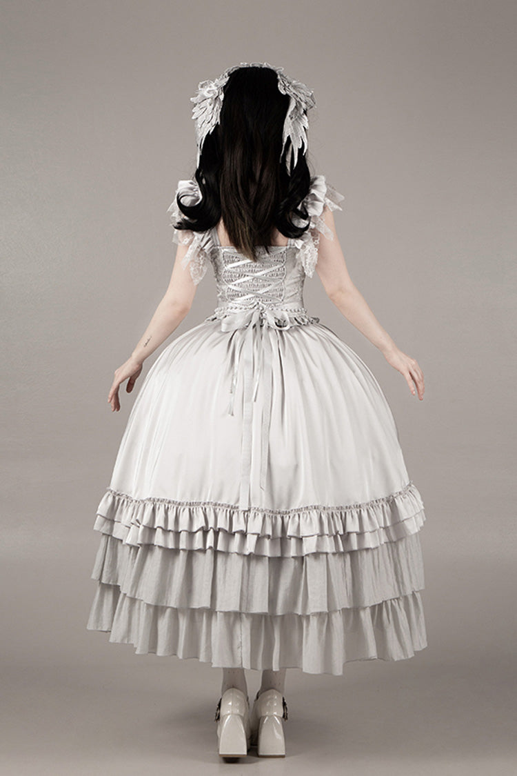 Solid Color [Bionic Doll] Square Collar Multi-Layered Ruffle Bowknot Lace-Up Gothic Lolita Long Skirt Corset Set - Product - 26
