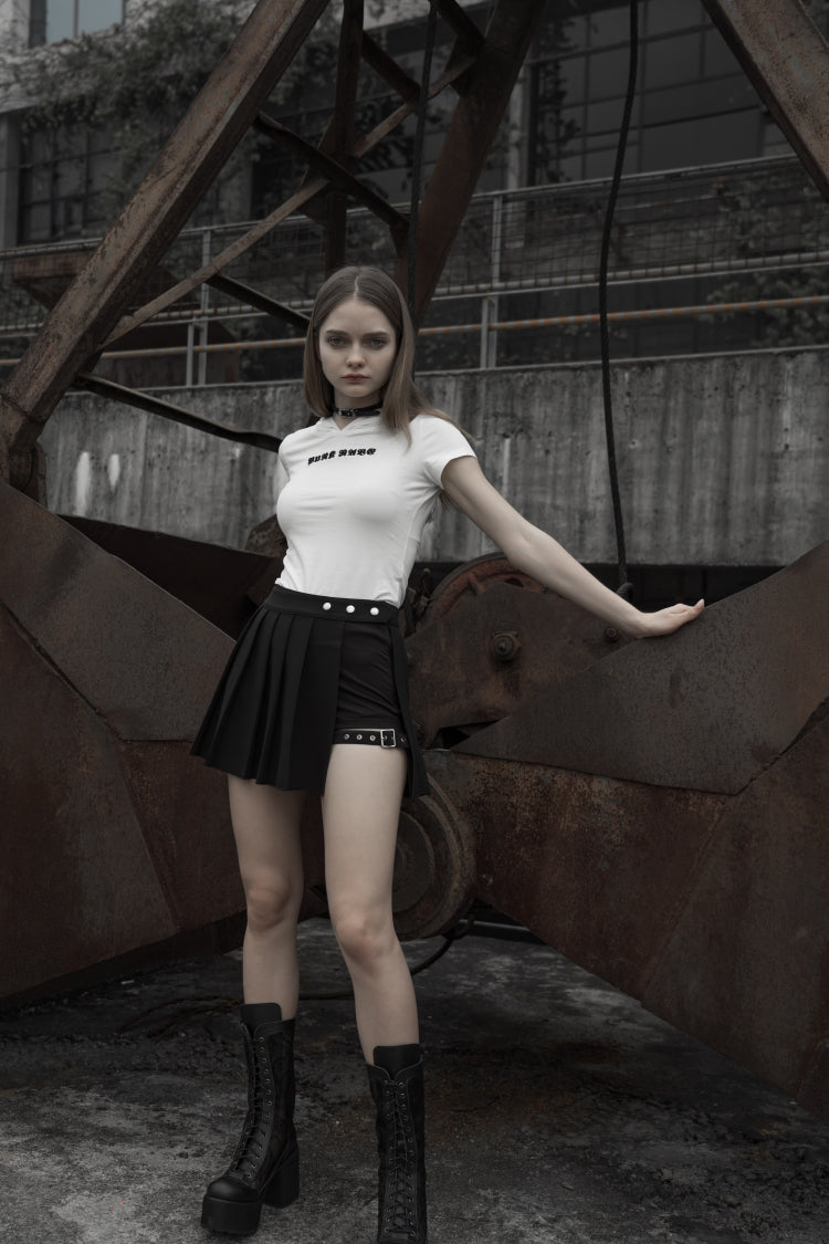 Black Fake Two Pieces Side Metal Buckle Women's Punk Skirt - Product - 5