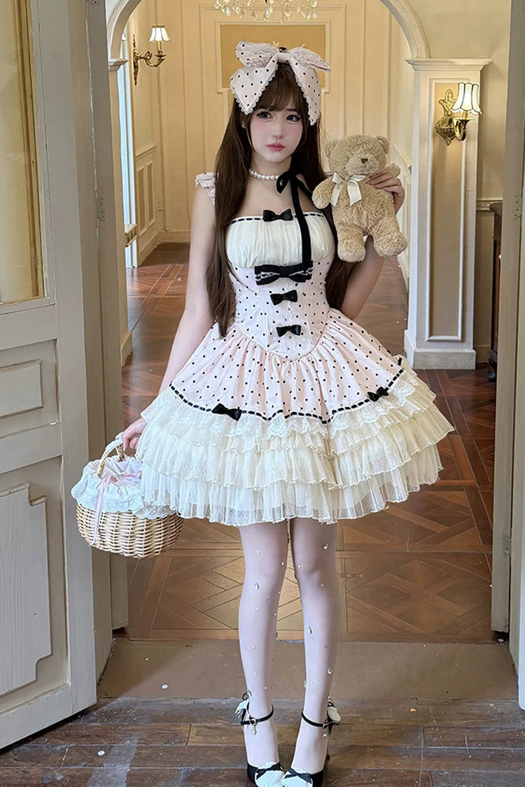 Pink [Polka Dot Waltz] Square Collar Flutter Sleeves Triple-Layered Printed Ruffled Bow Sweet Lolita Jsk Dress - Product - 6